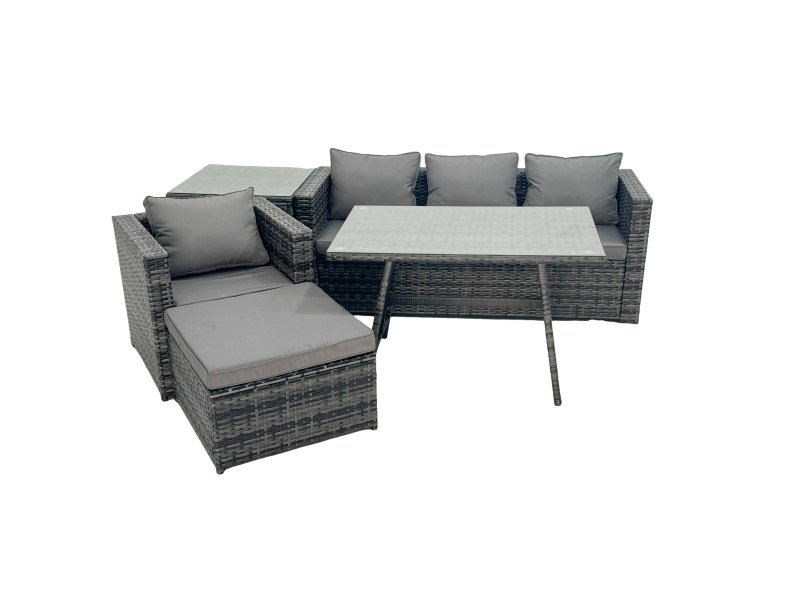 Fimous Rattan Dining Table Sofa Armchair Set with Side Table Big Footstool Outdoor Garden Furniture Set Dark Grey Mixed