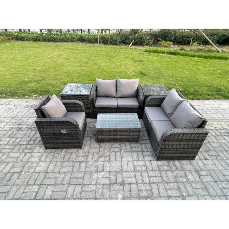 Fimous High Back Rattan Garden Furniture Set with Loveseat Sofa Rectangular Coffee Table 2 Side Tables Indoor Outdoor Patio Lounge Sofa Set Dark Grey Mixed