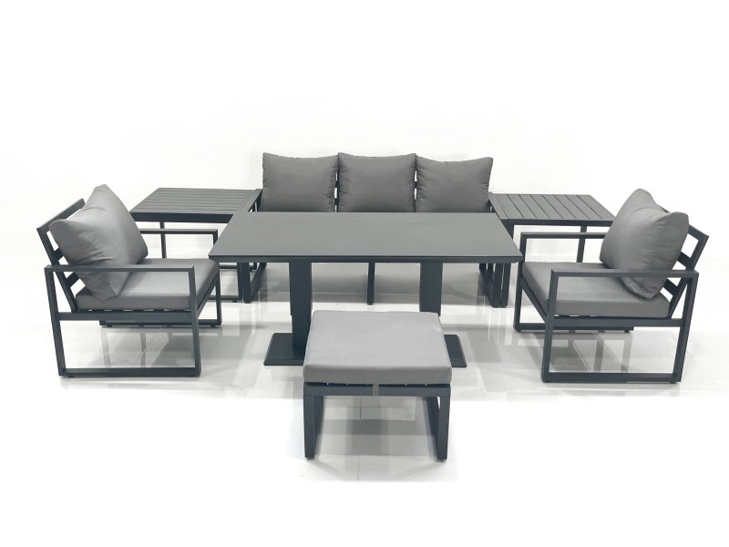 Fimous Outdoor Aluminium Garden Furniture Set with Adjustable Rising Lifting Dining Table 3 Seater Sofa 2 Chair Big Footstool 2 Side Tables Dark Grey