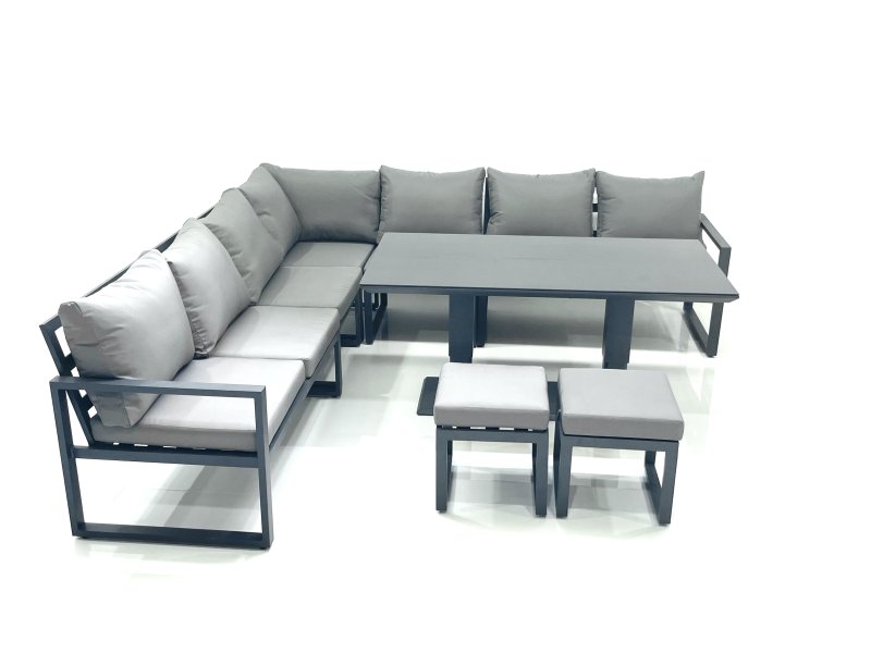 Fimous 9 Seater Outdoor Aluminum Garden Furniture Set Corner Sofa 2 Small Footstool Adjustable Rising Lifting Dining Table Sets Dark Grey