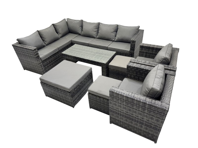 Fimous 8 Pieces Outdoor PE Rattan Garden Furniture Corner Sofa Oblong Coffee Table Set with Cushions 3 Footstools Dark Grey Mixed