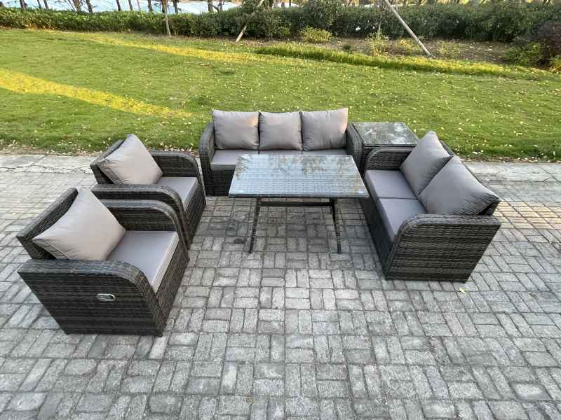 Fimous 7 Seater High Back PE Rattan Sofa Set Outdoor Garden Furniture Dining Table Set With Reclining Chair 3 Seater Sofa Love Sofa Side Table