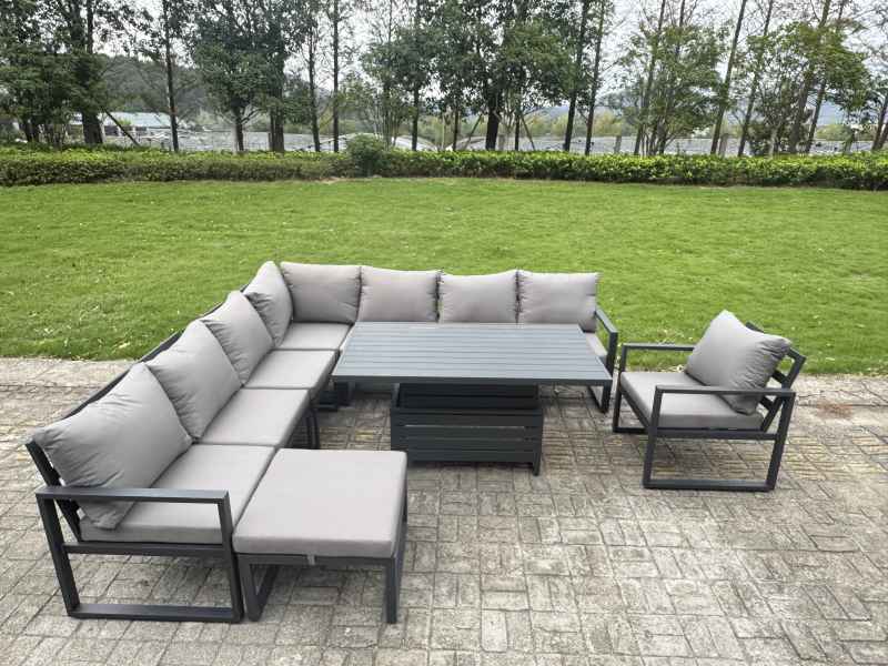 Fimous 8 Seater Aluminium Sofa Set 7 Pieces Outdoor Garden Furniture - Rising Dining Table with Cushions Dark Grey