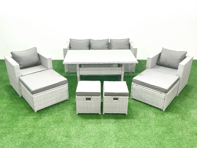 Fimous Rattan Garden Furniture Set Outdoor 9 Seater Patio Dining Sets with Glass Top Dining Table Light Grey Mixed
