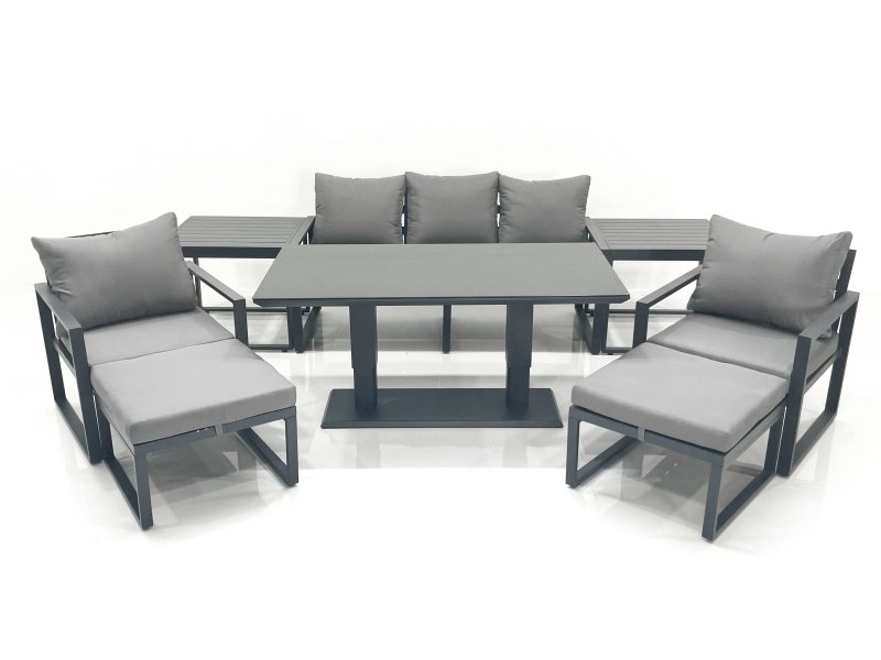 Fimous Outdoor Aluminium Garden Furniture Set with Adjustable Rising Lifting Dining Table 3 Seater Sofa 2 Chair 2 Big Footstools 2 Side Tables Dark Grey