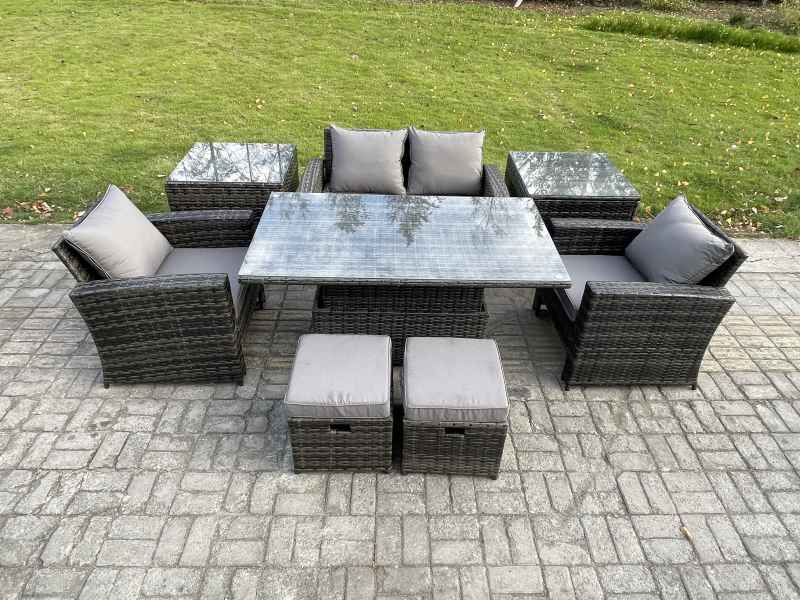 Fimous High Back Rattan Garden Furniture Sofa Sets with Height Adjustable Rising Lifting Table 2 Side Tables 2 Small Footstools Dark Grey Mixed