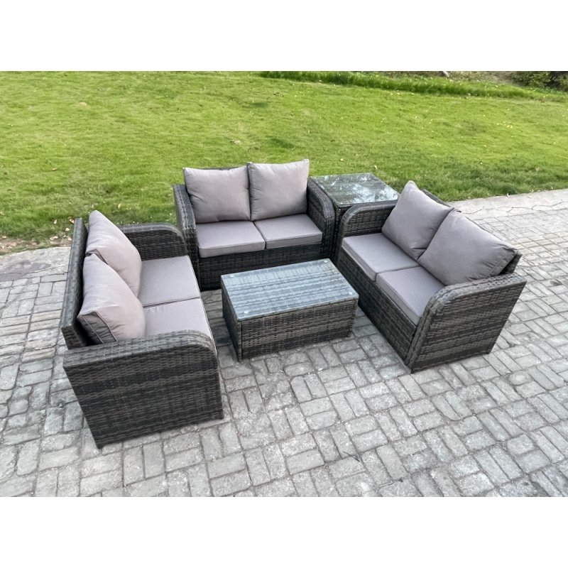Fimous Outdoor Garden Furniture Sets 6 Seater Wicker Rattan Furniture Sofa Sets with Rectangular Coffee Table Love Sofa Side Table Dark Grey Mixed