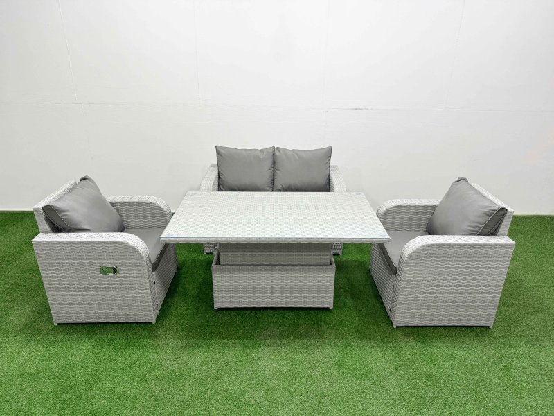Fimous Light Grey PE Wicker Rattan Garden Furniture Set Sofa Set Reclining Chair Adjustable Lifting Dining or Coffee Table 4 Seater