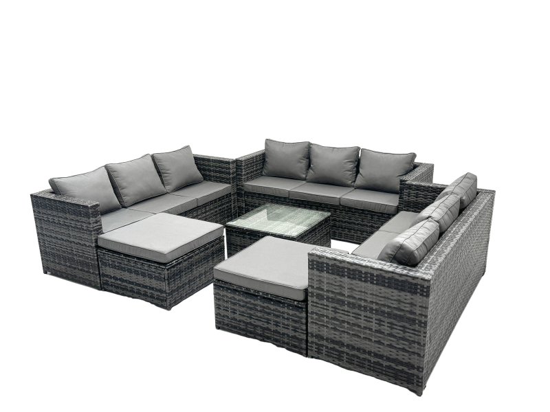 Fimous Outdoor Rattan Garden Furniture Set 11 Seater Patio Lounge Sofa Set with Square Coffee Table 2 Big Footstools Dark Grey Mixed