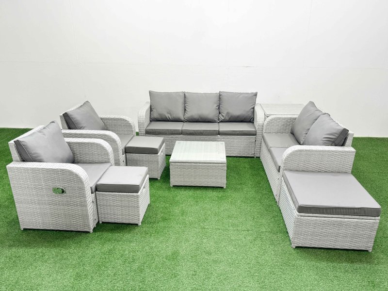 Fimous PE Rattan Garden Furniture Set Adjustable Chair Sofa Double Love Seat 2 Seater Sofa Lounge Set Square Coffee Table 3 Stools Side Table Light Grey