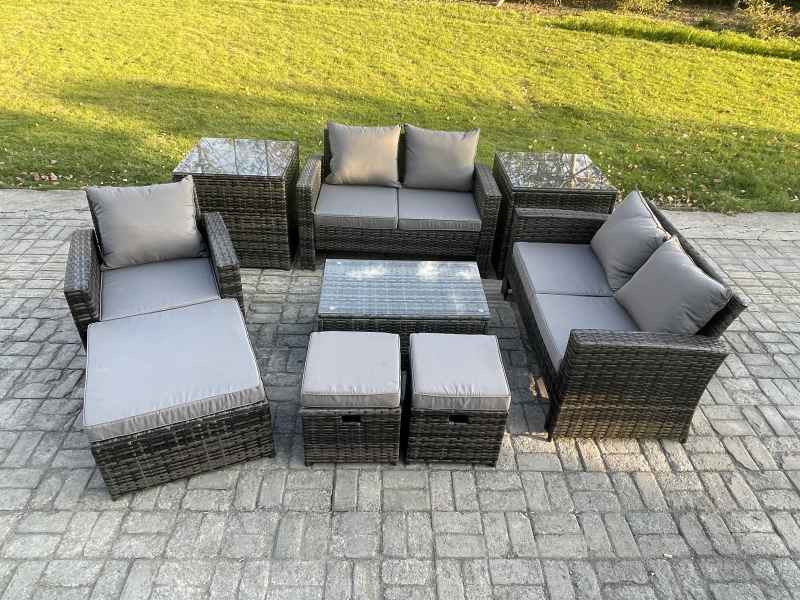 Fimous Rattan Garden Furniture Set 8 Seater Patio Outdoor Lounge Sofa Chair Set with Rectangular Coffee Table 3 Footstools 2 Side Tables Dark Grey Mixed