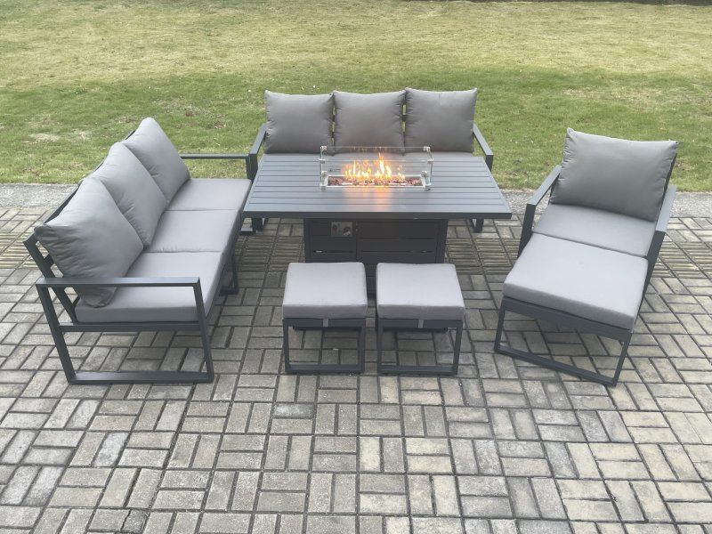 Fimous Aluminium 7 Pieces Garden Furniture Sofa Set with Cushions 10 Seater Gas Fire Pit Dining Table Set with 3 Footstools Dark Grey
