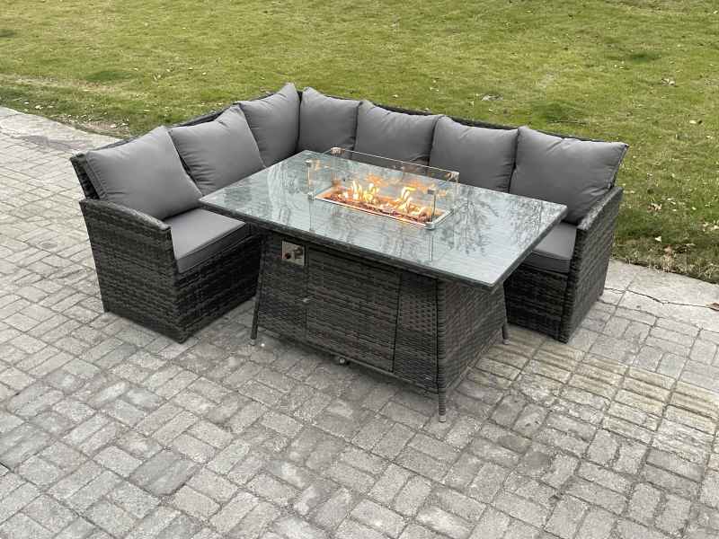 Fimous Rattan Garden Furniture High Back Corner Sofa Gas Fire Pit Dining Table Sets Gas Heater 6 Seater Dark Grey Mixed
