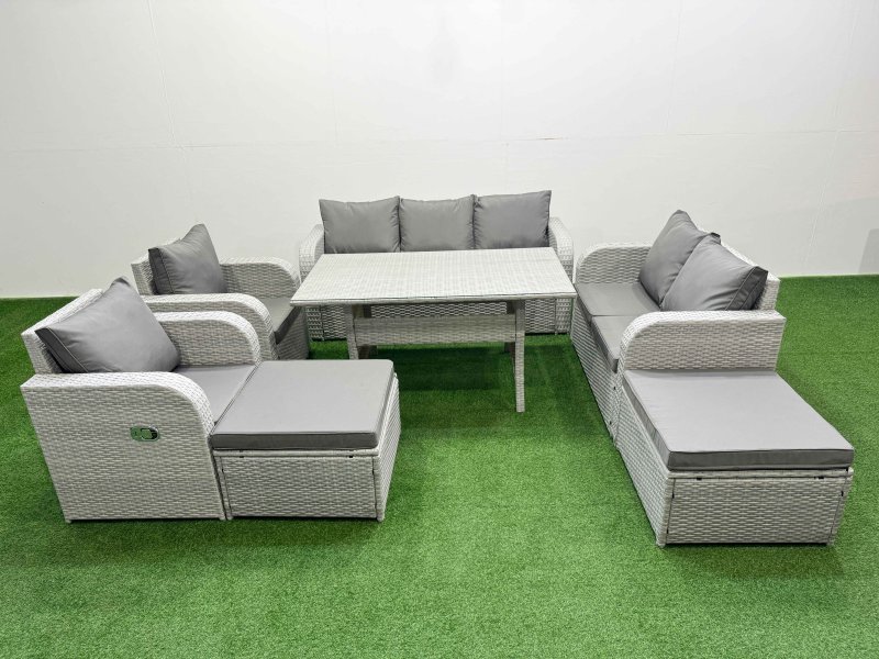 Fimous PE Rattan Garden Furniture Set Reclining Chair Sofa Double Love Seat 2 Seater Sofa Lounge Set Rectangular Dining Table 2 Big Footstool Light Grey