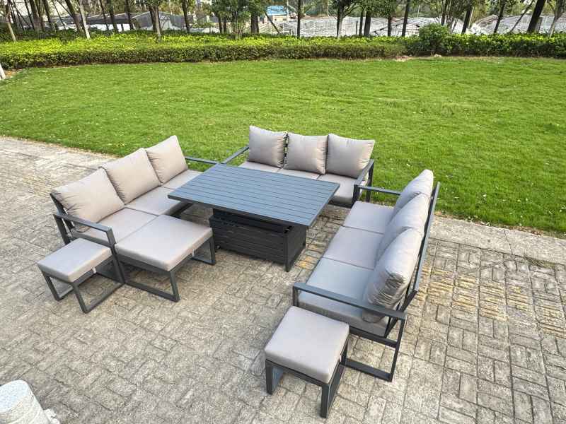 Fimous Aluminum Outdoor Patio Furniture Set Modern Patio Conversation Sets with Adjustable Rising Lifting Dining Table 2 Big Footstools 2 Side Tables Dark Grey