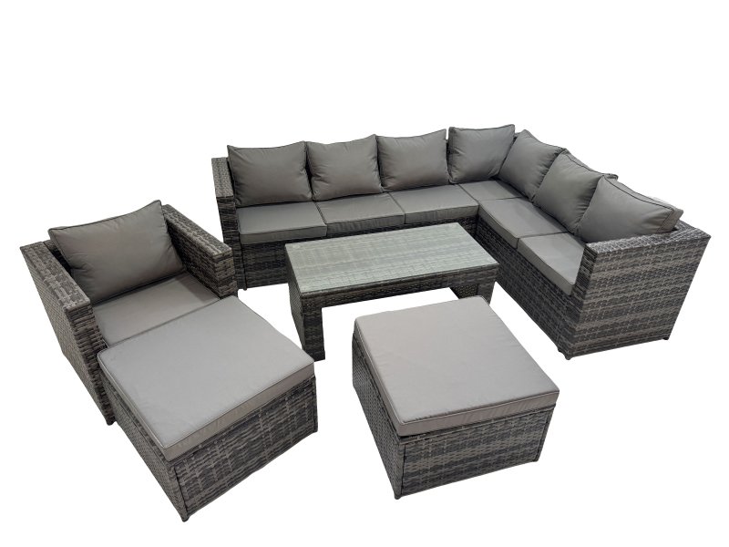 Fimous Outdoor Rattan Oblong Coffee Table Corner Sofa Sets Garden Furniture Set with Chair 2 Big Stools Dark Grey Mixed