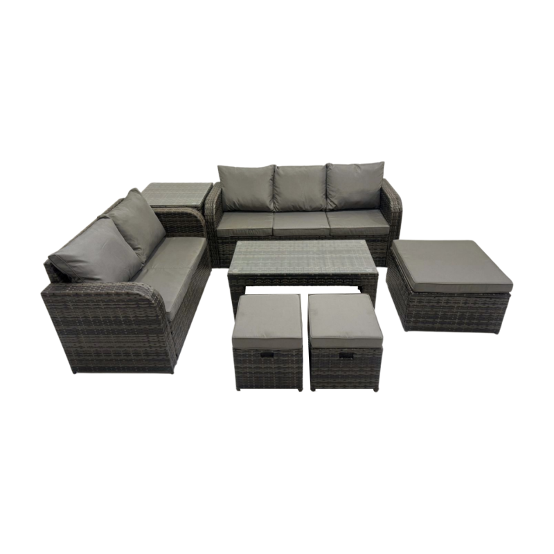 Fimous Rattan Garden Outdoor Furniture Set 3 Seater Sofa Love Sofa Coffee Table with 3 Footstools Side Table Dark Grey Mixed