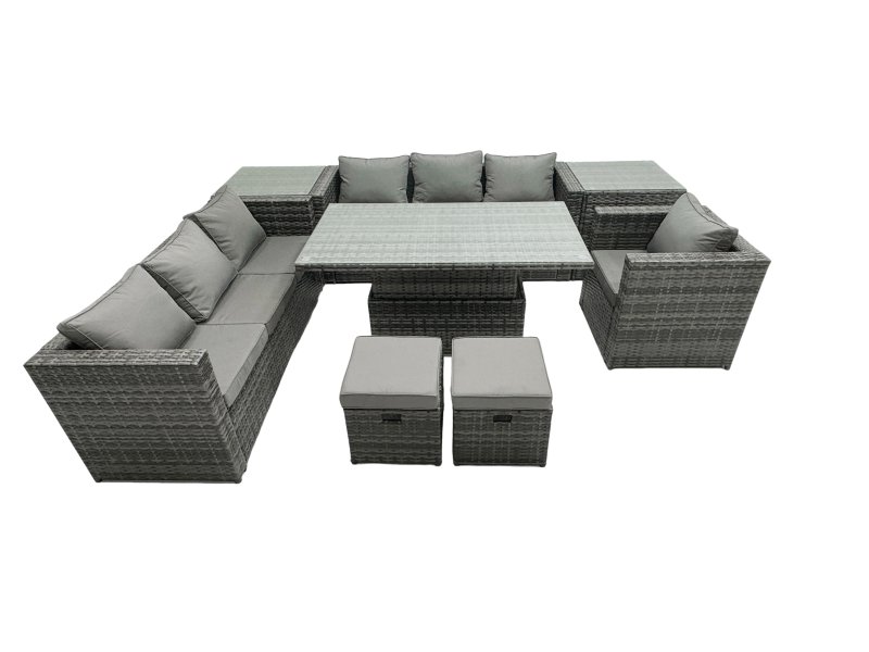 Fimous Rattan Dining Table Sofa Set with Armchair 2 Small Stools Outdoor 9 Seat Garden Furniture Set Dark Grey Mixed