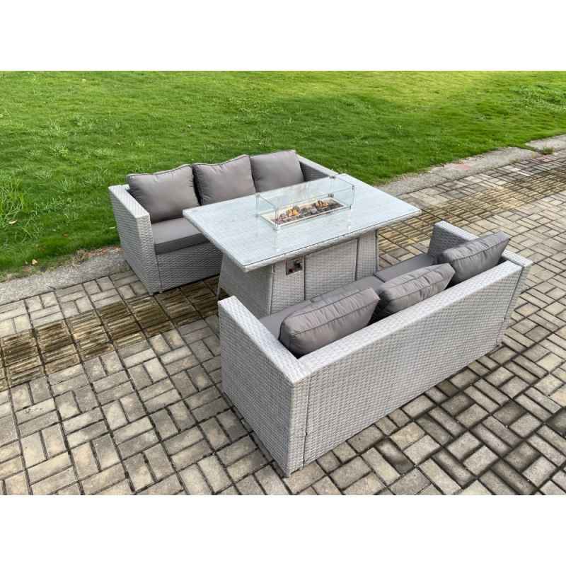 Fimous Outdoor Garden Dining Sets Rattan Furniture Gas Fire Pit Dining Table Gas Heater Light Grey