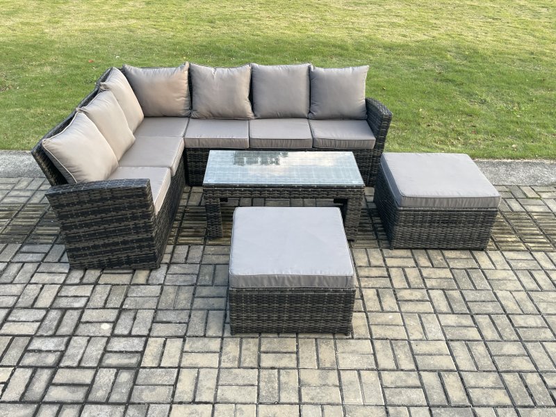 Fimous Outdoor Furniture Garden Dining Set Rattan Corner Sofa Set with 2 Big Footstool Dark Grey Mixed