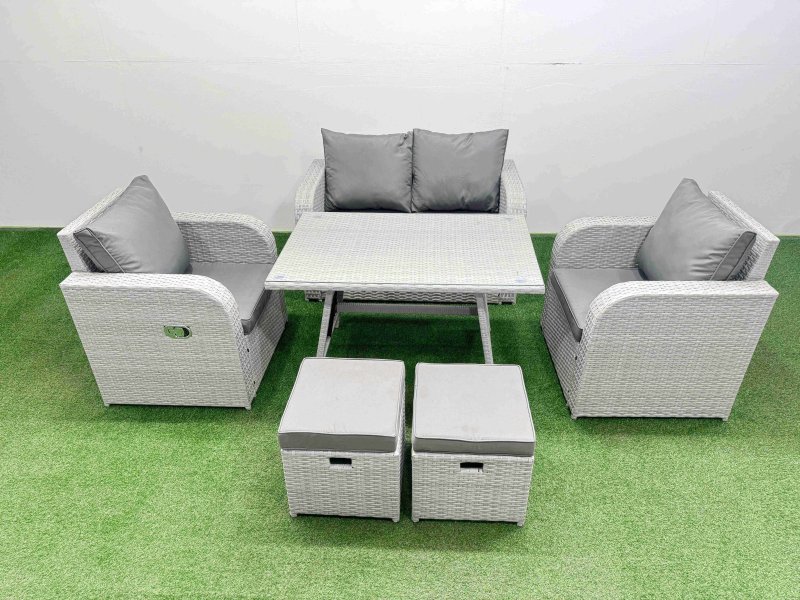 Fimous Light Grey PE Wicker Rattan Garden Furniture Set Sofa Set Reclining Chair Love Sofa Rectangular Dining Table 2 Small Stools