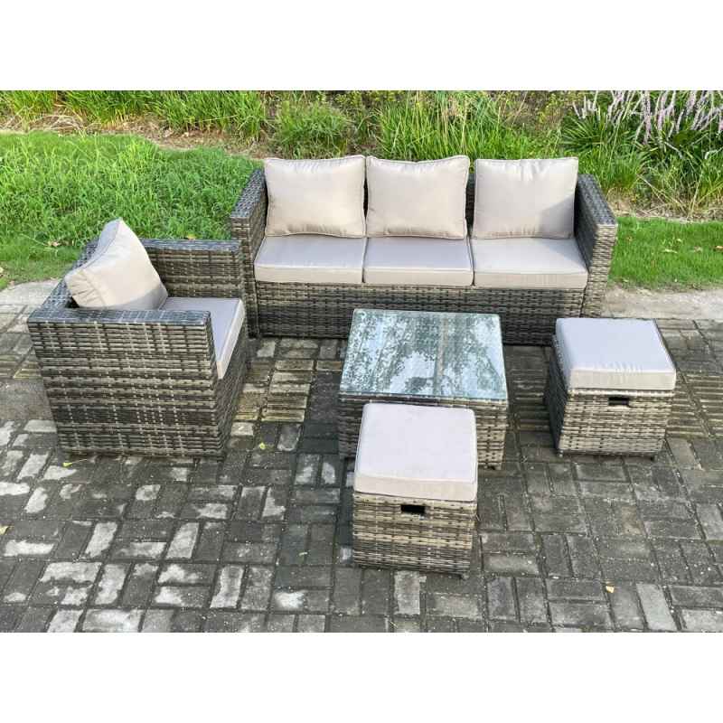 Fimous 5 PCS Outdoor Lounge Sofa Set Wicker PE Rattan Garden Furniture Set with Armchair Square Coffee Table 2 Small Footstools Dark Grey Mixed
