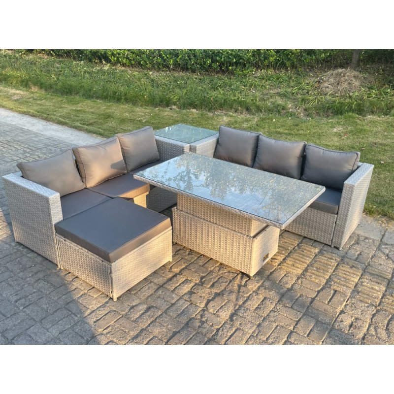 Fimous Rattan Garden Funiture Set Adjustable Rising Lifting Table Sofa Dining Set With Side Coffee Tea Table Footstool
