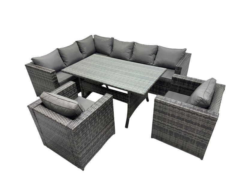 Fimous Outdoor PE Rattan Sofa Set with Dining Table Patio Garden Furniture Sets with 2 Chairs Dark Grey Mixed