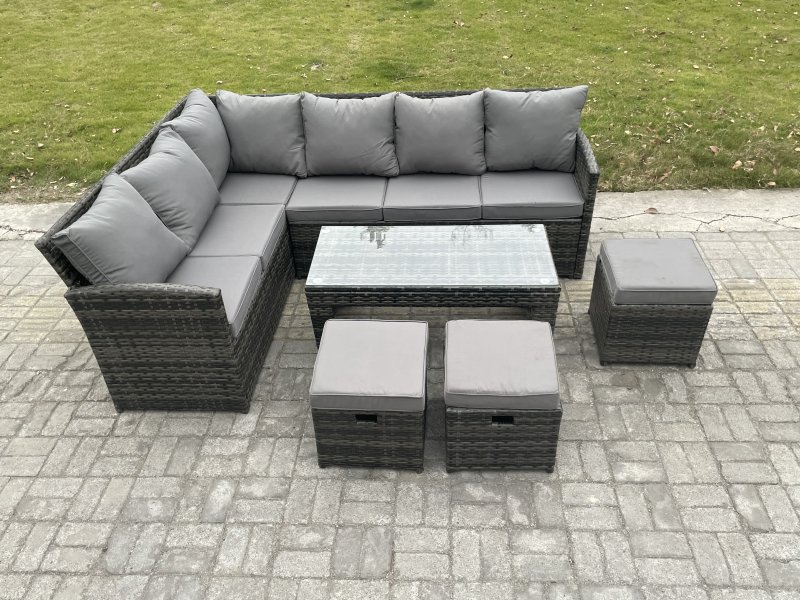 Fimous 9 Seater Outdoor Rattan Garden Furniture Set Corner Sofa Oblong Coffee Table Sets with Patio 3 Small Footstools Dark Grey Mixed