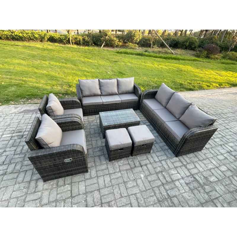 Fimous Rattan Outdoor Garden Furniture Sofa Set Patio Table & Chairs Set with 3 Seater Sofa Reclining Chair 2 Small Footstools Dark Grey Mixed