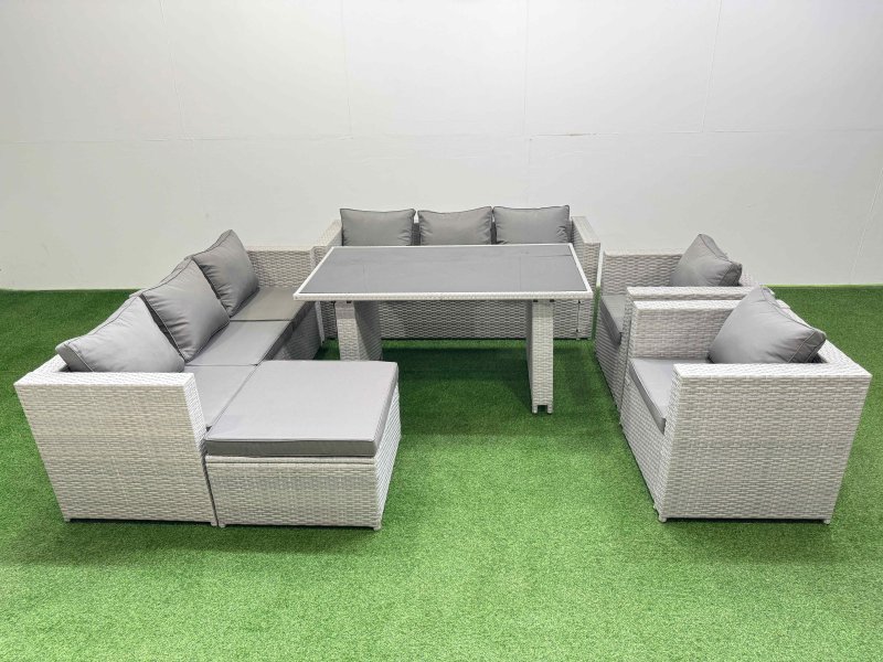 Fimous 9 Seater Wicker PE Rattan Furniture Outdoor Dining Table 3 Seater Sofa Armchair Set with Big Stool Light Grey