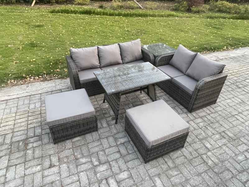 Fimous Rattan Garden Furniture Dining Set 7 seater Patio Rectangular Table 2 Big Footstool Love Sofa Side Table Dark Grey Mixed