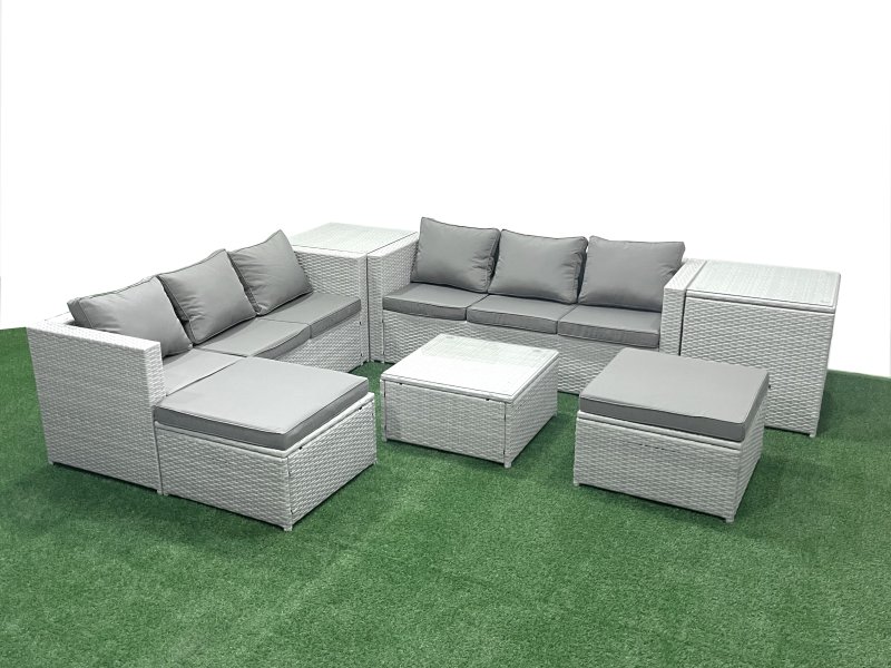 Fimous Rattan Garden Outdoor Furniture Set 8 Seater Rattan Garden Sofa Set with 2 Big Footstools 2 Side Tables Light Grey Mixed