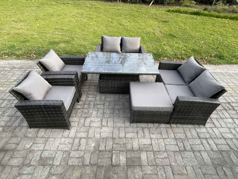 Fimous Rattan Garden Furniture Sets 7 Seater Patio Outdoor Rising Lifting Table Sofa Set with Double Seat Sofa Big Footstool Dark Grey Mixed