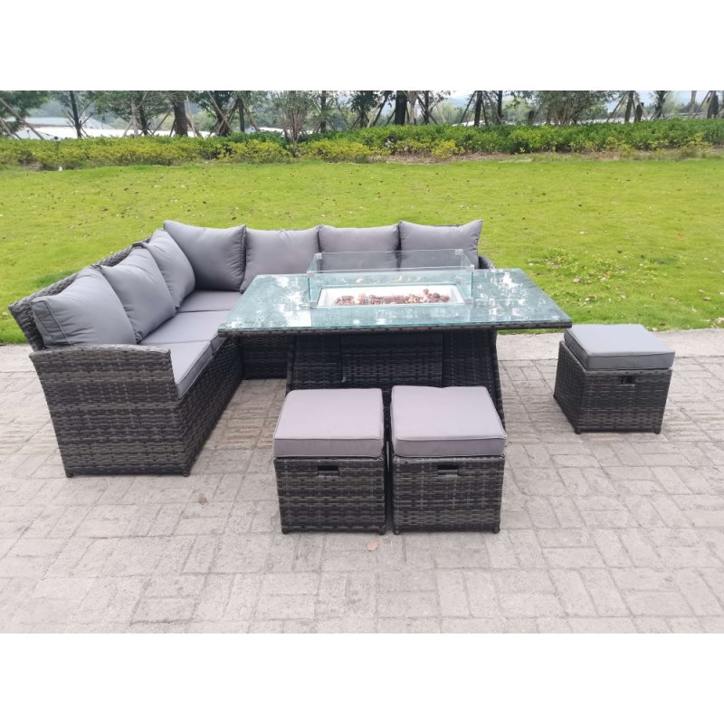Fimous High Back Corner Rattan Garden Furniture Sofa Gas Fire Pit Dining Table Sets Gas Heater 9 Seater 3 Small Footstools