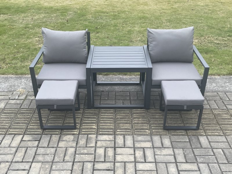 Fimous Aluminium 5 Pieces Garden Furniture Sofa Set Chair And 2 Small Footstool with Table Including Cushions Dark Grey