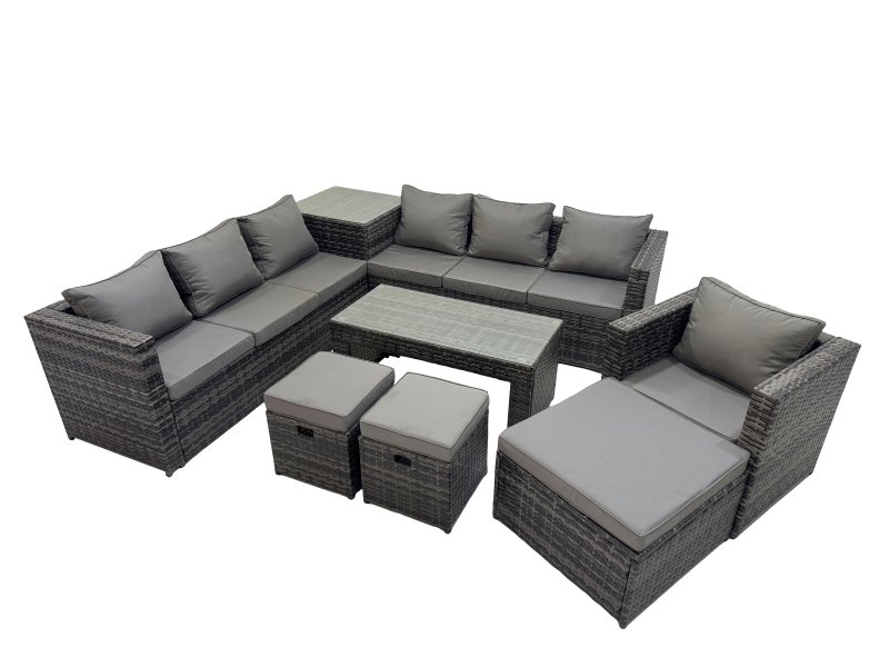 Fimous Garden Rattan Outdoor Furniture Set 10 Seater Patio Corner Sofa Oblong Coffee Table with 3 Stool Side Table Dark Grey