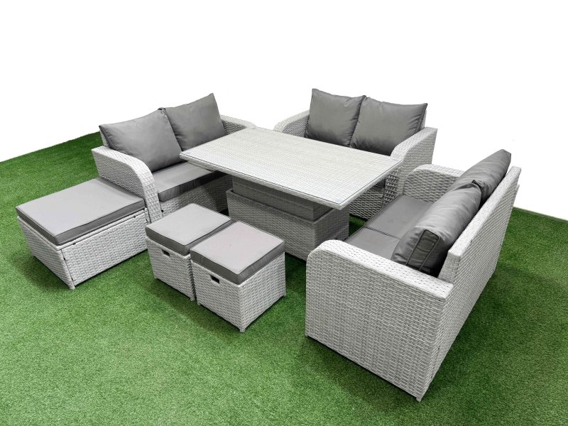 Fimous 9 Seater PE Wicker Rattan Furniture Sofa Sets with Adjustable Lifting Dining or Coffee Table 2 Seater Love Sofa 3 Stool Light Grey