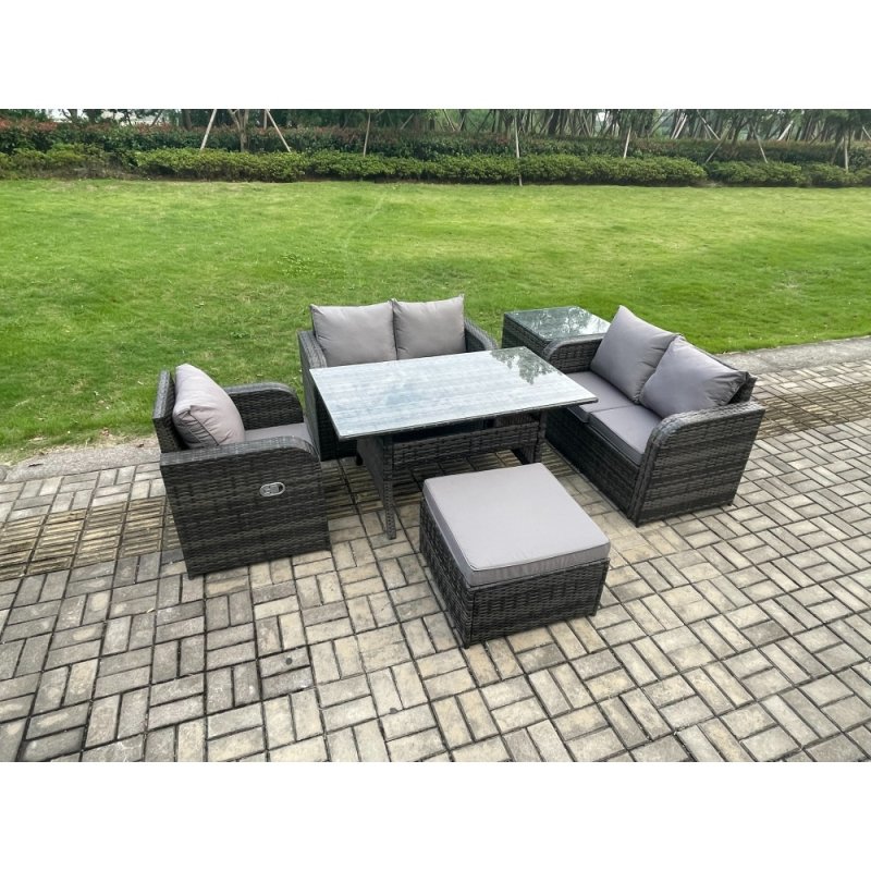 Fimous Lounge Rattan Sofa Set Outdoor Garden Furniture Oblong Rectangular Dining Table With Chairs Big Footstool Side Table Dark Grey Mixed