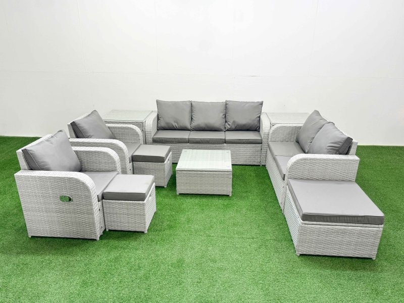 Fimous PE Rattan Garden Furniture Set Adjustable Chair Sofa Double Love Seat 2 Seater Sofa Lounge Set Square Coffee Table 3 Stools 2 Side Table Light Grey