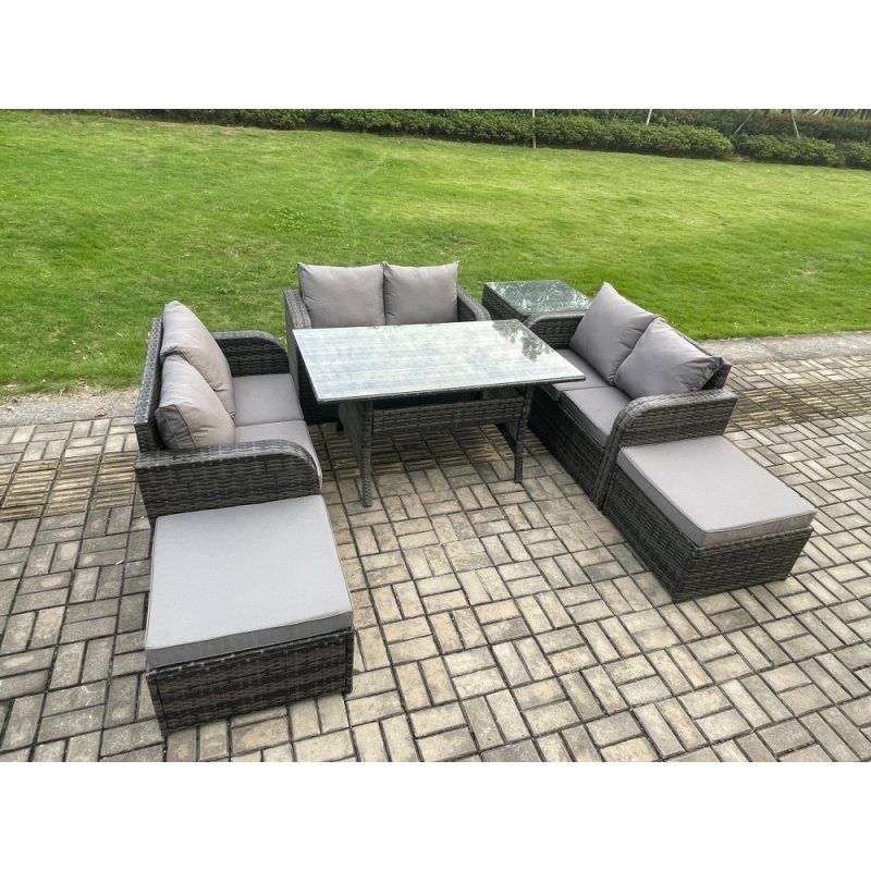Fimous Outdoor Rattan Garden Furniture Lounge Sofa Set With Oblong Rectangular Dining Table 2 Big Footstool Side Table