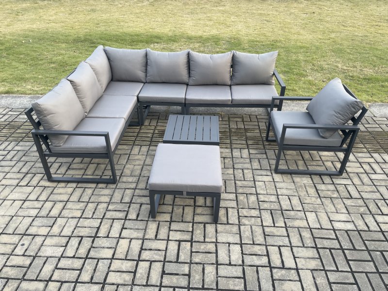 Fimous 8 Seater Aluminium Garden Furniture Set Outdoor Lounge Corner Sofa Chair Square Coffee Table Sets with Big Footstool Dark Grey