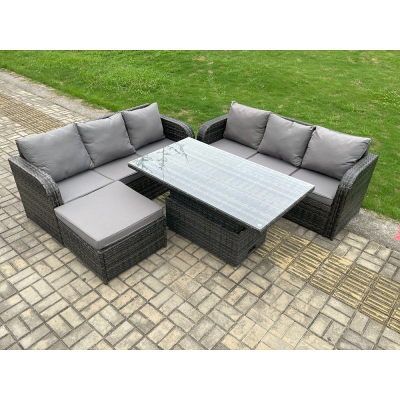 Fimous Outdoor Rattan Garden Furniture Sets Height Adjustable Rising lifting Dining Table Sofa Set with Big Footstool Dark Grey Mixed