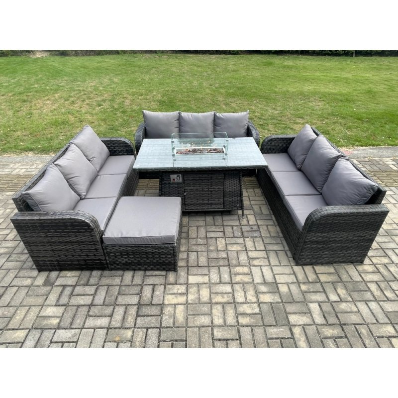 Fimous Rattan Furniture Garden Dining Set Gas Fire Pit Table With 3 Seater Sofa Footstool Dark Grey Mixed