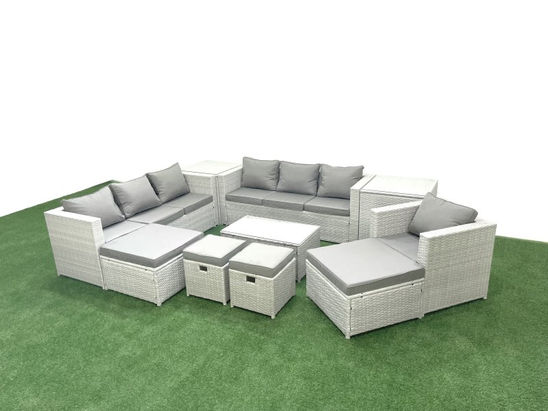 Fimous 10 Pieces Rattan Garden Furniture Set Outdoor Garden Sofa Chair Coffee Table Set with 2 Side Tables 4 Footstools Light Grey Mixed