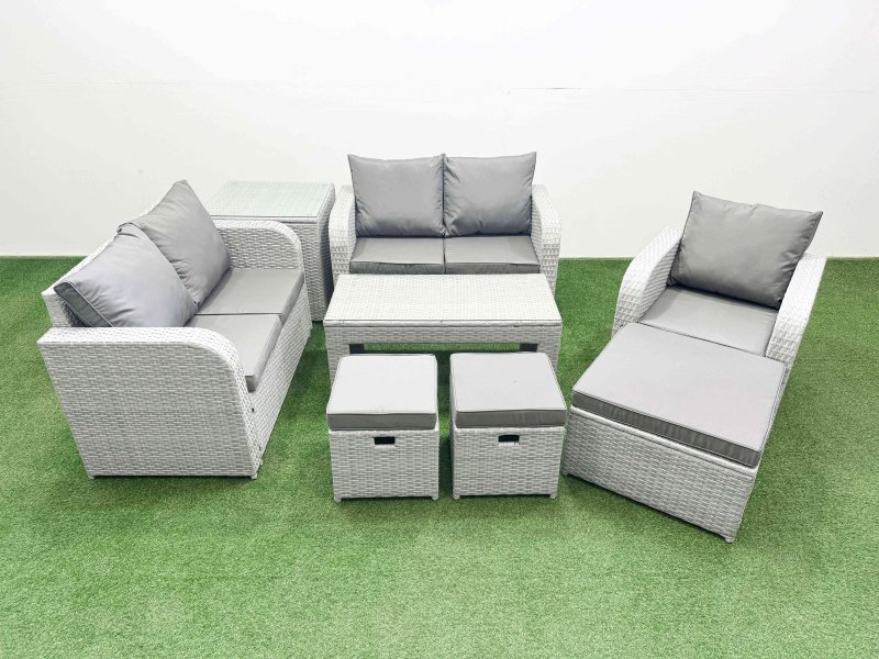 Fimous High Back Poly Rattan Garden Furniture Set with Reclining Chair Loveseat Sofa Oblong Coffee Table Indoor Outdoor Patio Set 3 Stools Side Table Light Grey