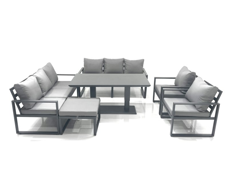 Fimous Garden Sofa Set Aluminium Furniture Rising Dining Tabe Set with 2 Chair Big Footstool Dark Grey
