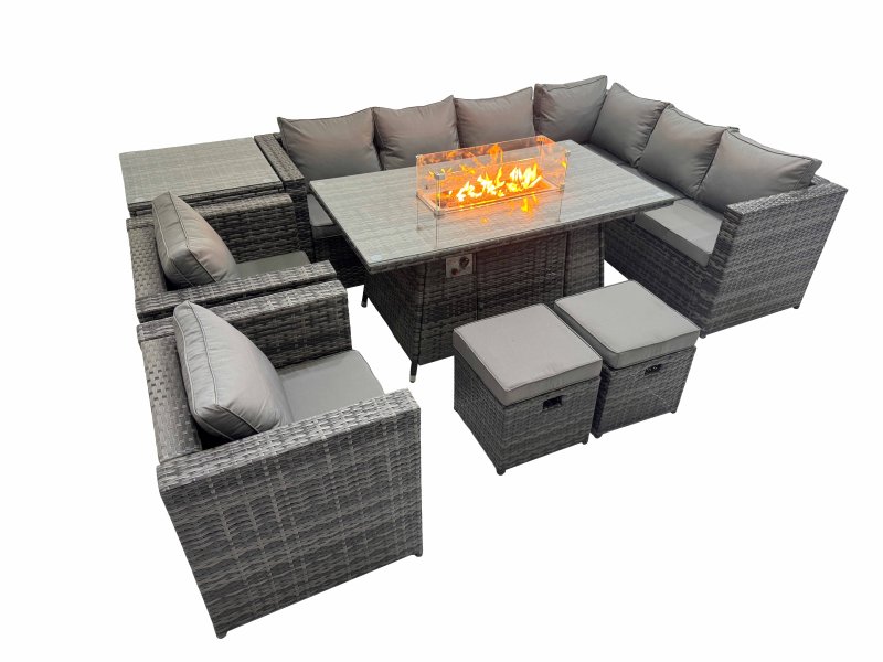 Fimous Garden Rattan Furniture Set 10 Seater Outdoor Corner Sofa Chair Gas Firepit Dining Table Set with 2 Small Stools Side Table Dark Grey