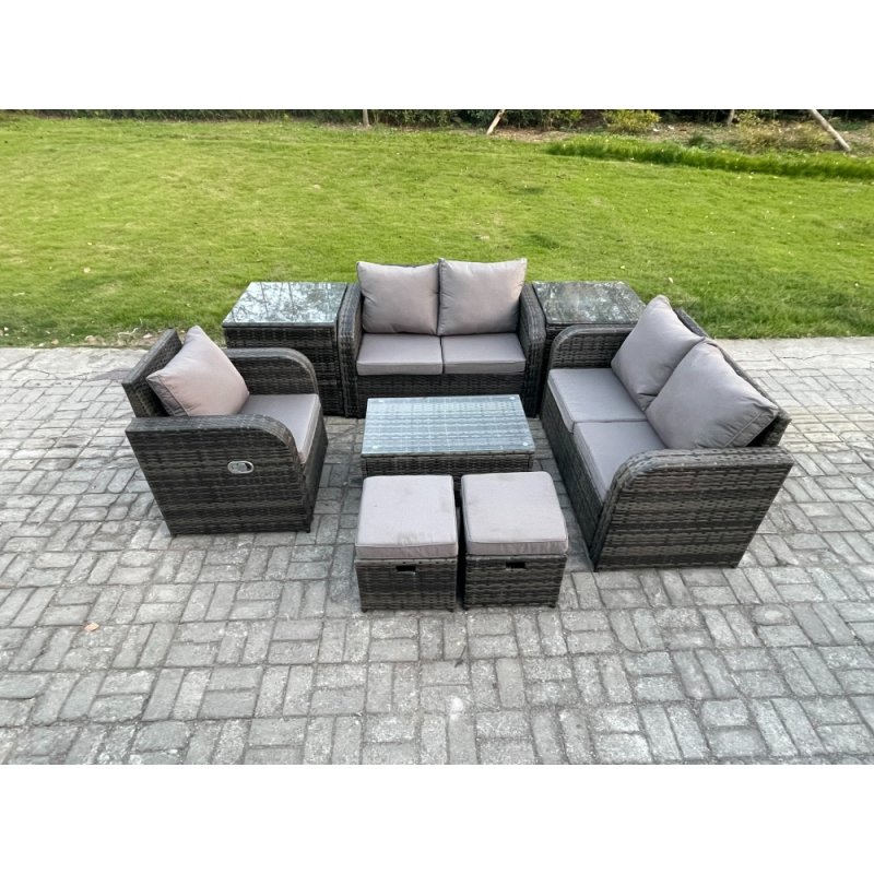 Fimous 7 Seater High Back Rattan Garden Furniture Set with Loveseat Sofa Rectangular Coffee Table 2 Small Footstools 2 Side Tables Indoor Outdoor Patio Lounge Sofa Set Dark Grey Mixed