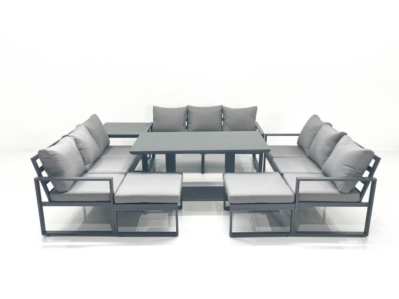 Fimous 11 Seater Garden Sofa Set Aluminium Furniture Rising Dining Tabe Set with Side Table 2 Big Footstools Dark Grey